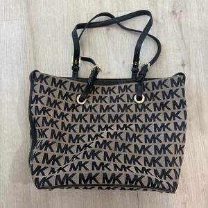 Michael Kors Jet Set Signature Monogram Canvas Tote Bag Purse Black Tan